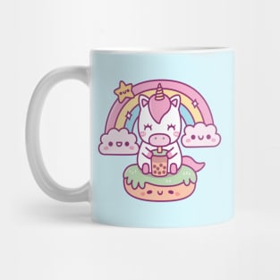 Cute Unicorn Drinking Bubble Tea, Rainbow And Clouds Mug